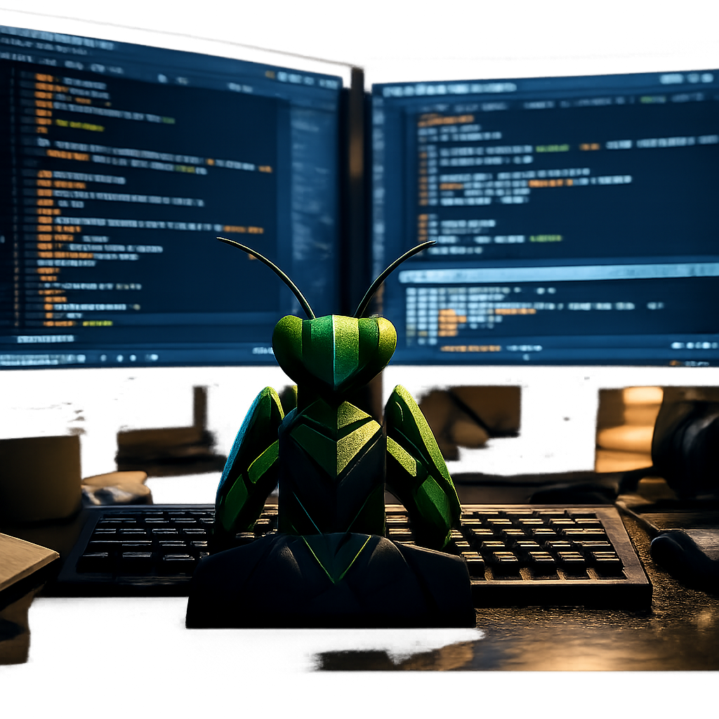cinematic take my mantis logo and put it on a computer keyboard on a desl looking up at 2 screens with code on them like he is working